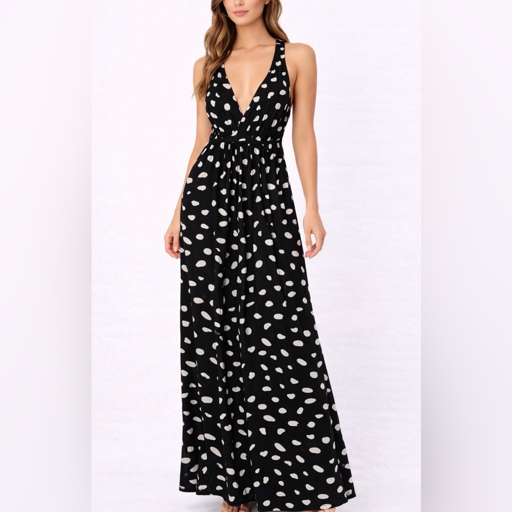 GB Black & White Polka Dot Maxi women’s size XS Dress Deep V Open Back(E47)✨
